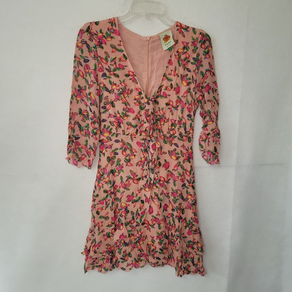 Farm Rio Women Peach Tropical Fruit Print Ruffle Tie Front Mini‎ Dress Size S